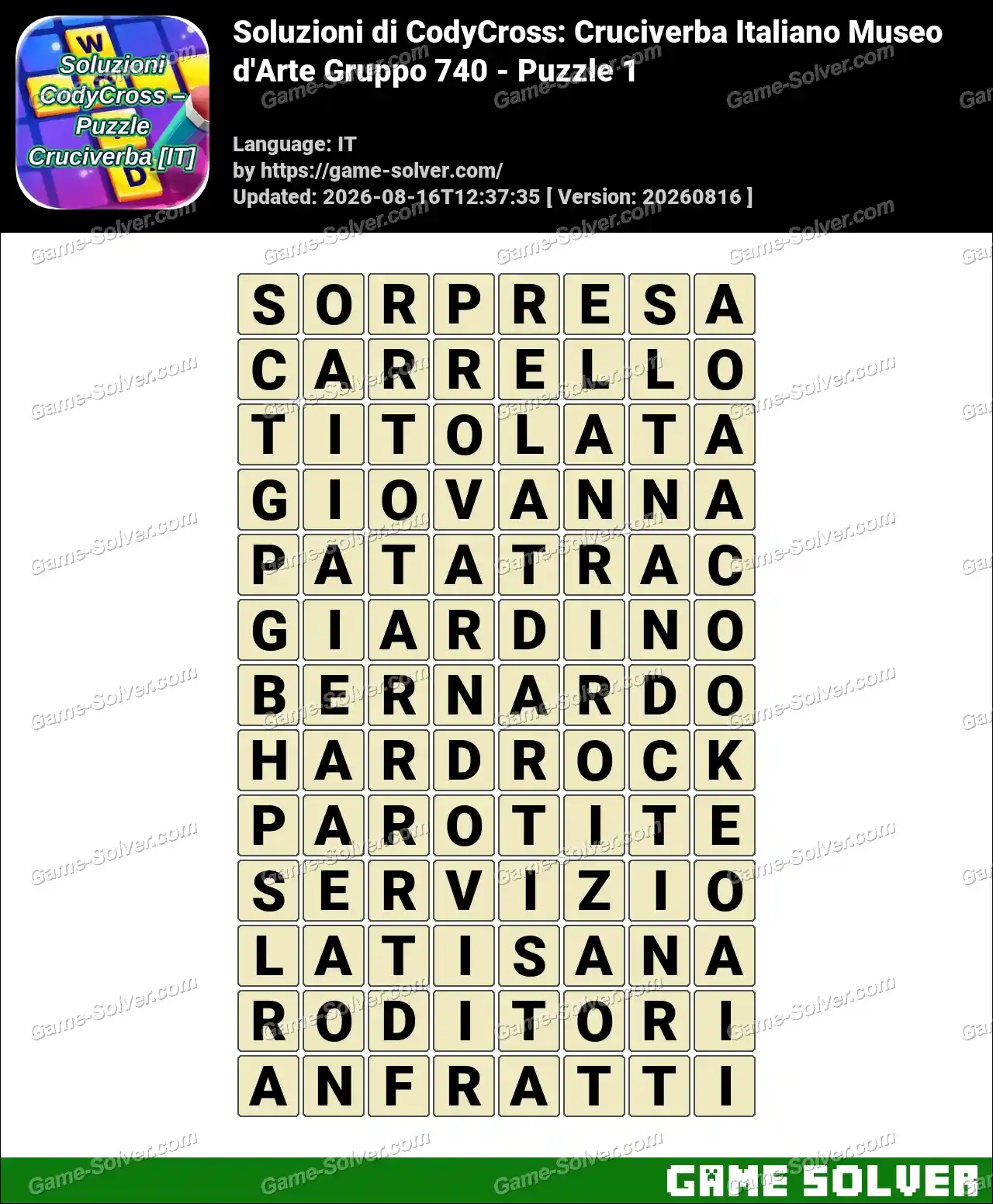 Soluzioni di CodyCross: Cruciverba Italiano Museo d’Arte Gruppo 740 – Puzzle 1